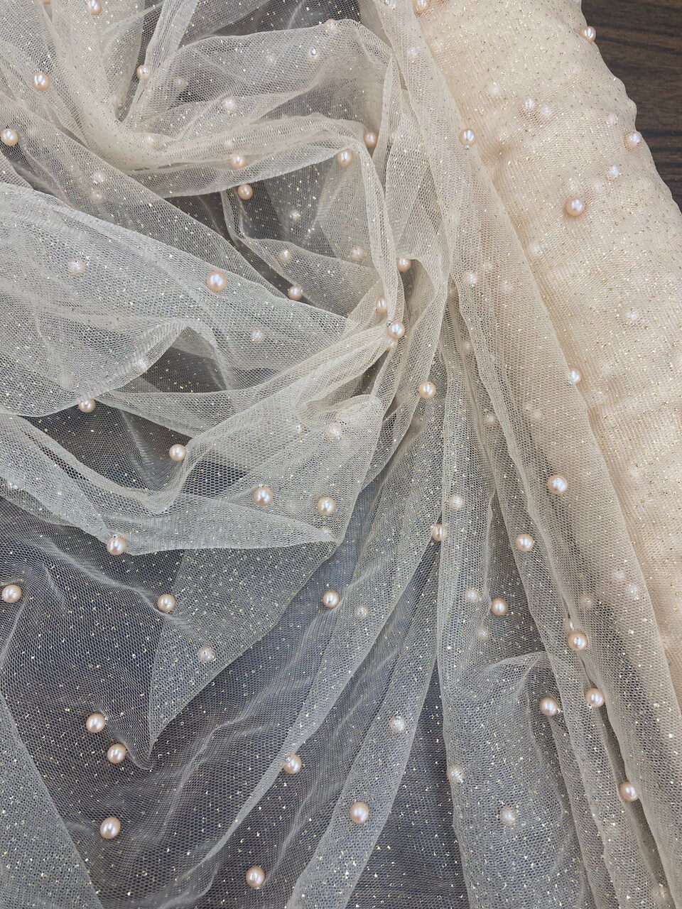 1 Yard Glitter Mesh Fabric with Scattered Pearls 2-Way Stretch 60" Wide Soft Tulle for Gowns, Veils & Couture Projects